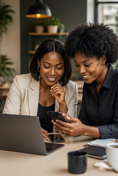 Two women reviewing a project on a phone and laptop