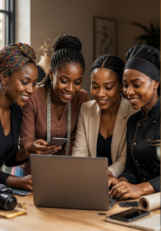 Four women entrepreneurs working together around a laptop
